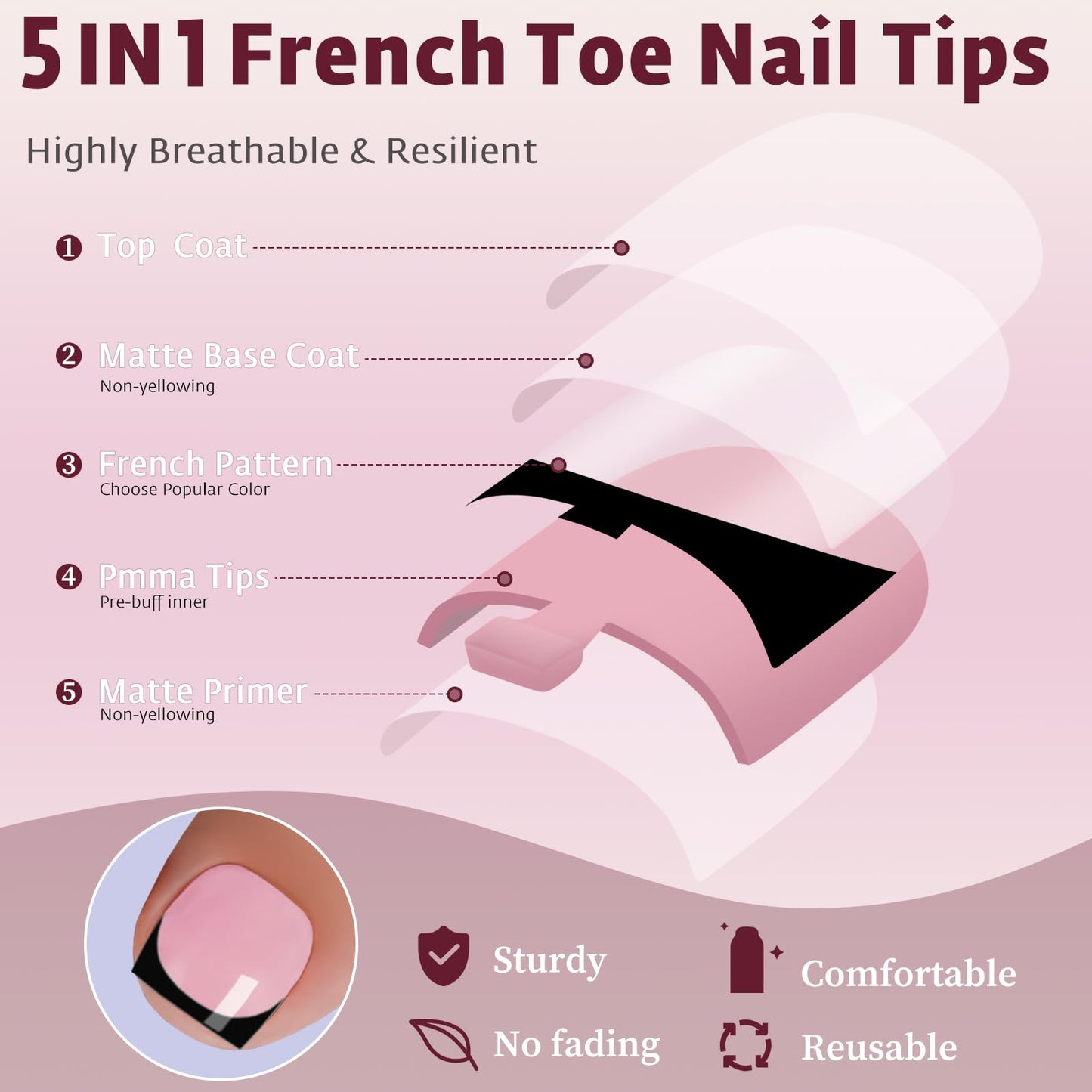 Bellelfin French Press On Toenails For Women with Nail Adhesive Tabs, 150 Pcs Black French Tip Toe Nail Press Ons, Short Square Toenail Press On, 15 Sizes Full Cover Acrylic Fake Toe Nails
