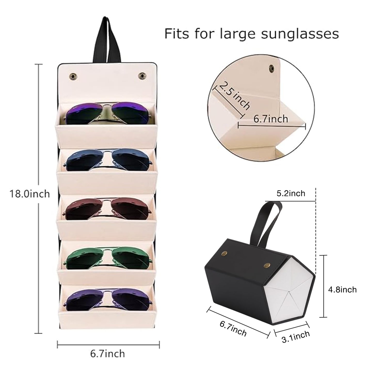MEGREZ 5 Slots Sunglasses Organizer Box, PU Leather Foldable Woman Eyeglass Case Eyeglass Organizer Storage, Multiple Sunglass Holder for Travel, Black