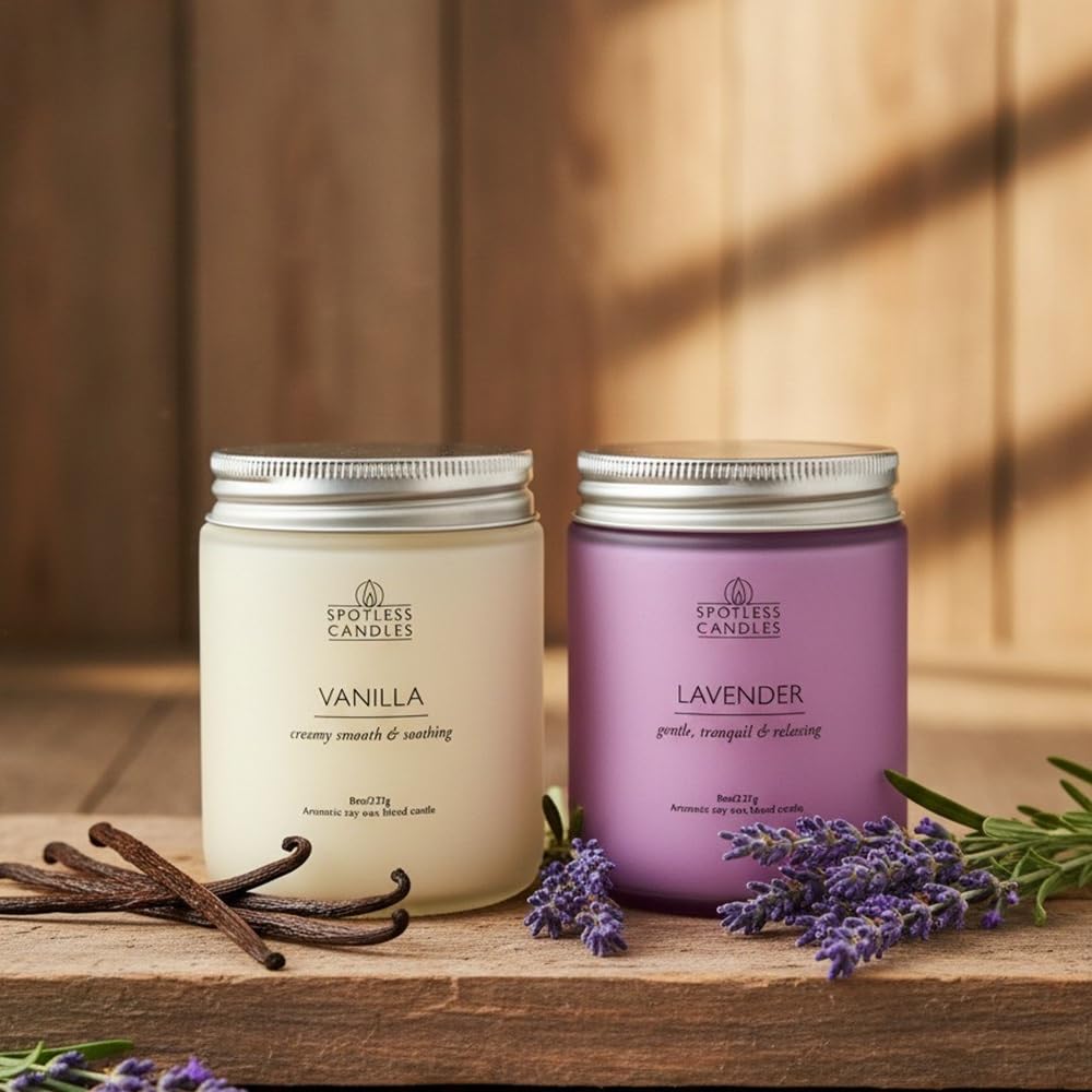 Aromatic Candles Two Pack - 2 x 8 oz Lavender & Vanilla in a Gift Pack, Classic Candle Set for Men and Women by Spotless Leopard