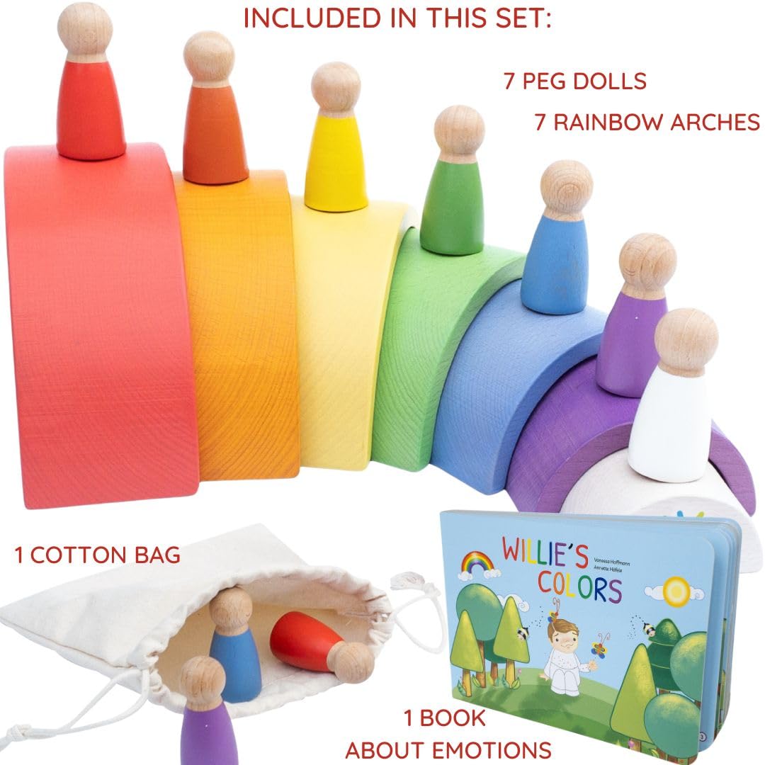 Montessori Wooden Rainbow Nesting Toy: Open-Ended Wooden Stacking Set with Arches, Peg Dolls & Story Book for Emotional Intelligence & Creative Play | Ages 3+ | 16 pcs | Premium Beechwood