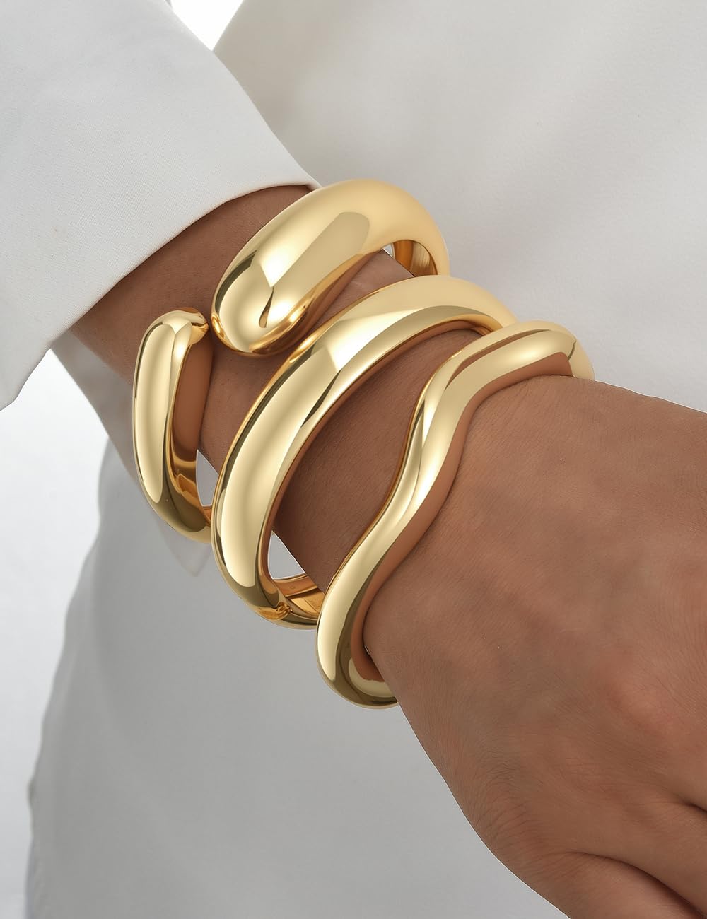 Chunky Gold Bangle Bracelets for Women, Dainty 14k Gold Plated Big Stackable Bangles Set, Trendy Statement Cuff Bracelet Stack Fashion Jewelry Gifts (Chunky gold wave bangles)