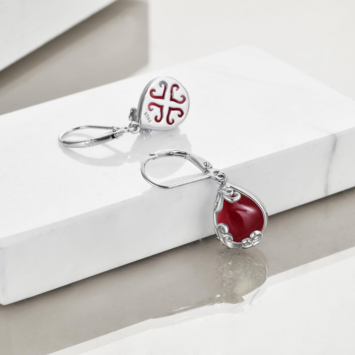 POPLYKE Garnet Filigree Teardrop Drop Dangle Earrings Sterling Silver Red Crystal Leverback Earrings Jewelry for Women