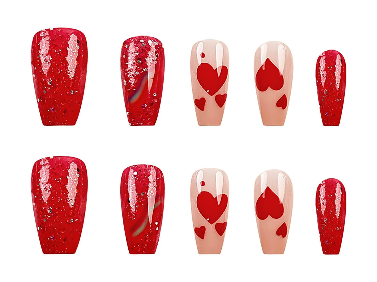 RUOKEXIN Medium Press on Nails Coffin Fake Nails Red Glitter False Nails with Heart Designs Rainbow Ombre Glue on Nails Sparkly Artificial Nails Cute Stick on Nails for Women 24Pcs