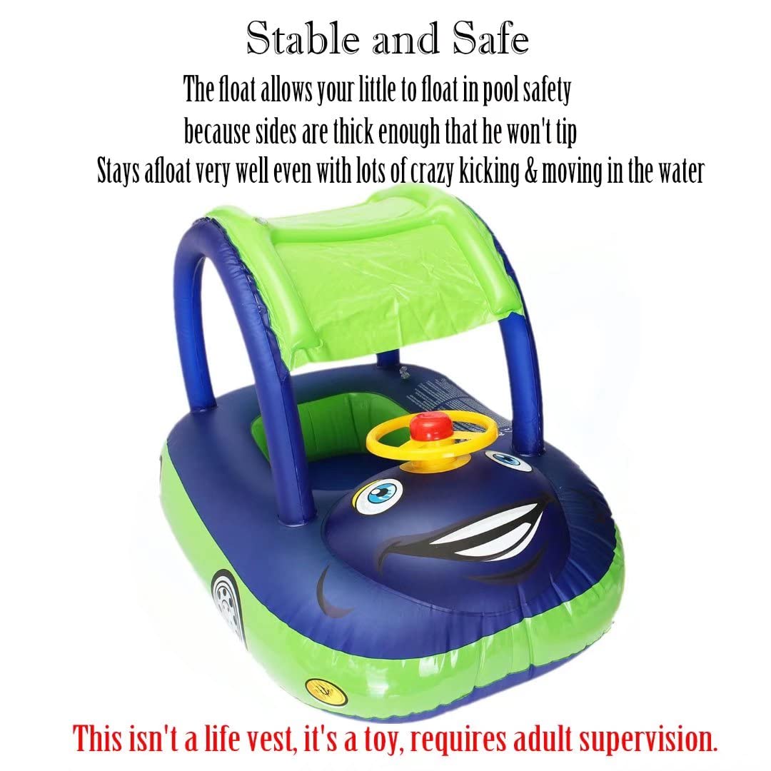 baby pool float with canopy Summer Steering Wheel Sunshade Swim Ring Car Inflatable toys infants Float Seat Boat for kids toddlers(Color blue)