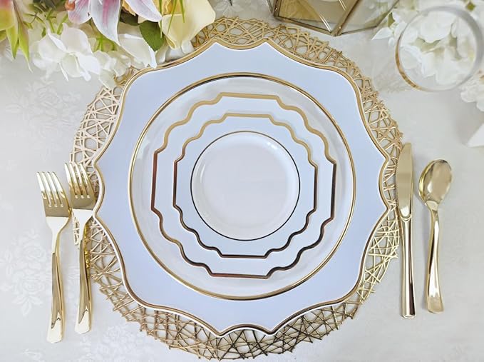 " OCCASIONS " 10 Pieces 13.25'' Scalloped Disposable/Reusable Plastic Charger Plates for Wedding, (Scalloped Imperial Blue & Gold)