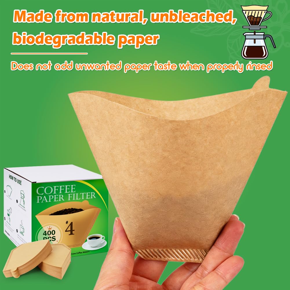 BYKITCHEN 400PCS #4 Cone Coffee Filters Fits 8-12 Cup & 14 Cup Coffee Makers, Size 4 Unbleached Disposable Coffee Filter Paper, Compatible with Ninja, Cuisinart 12-Cup/ 14-Cup & Drip Coffee Machine