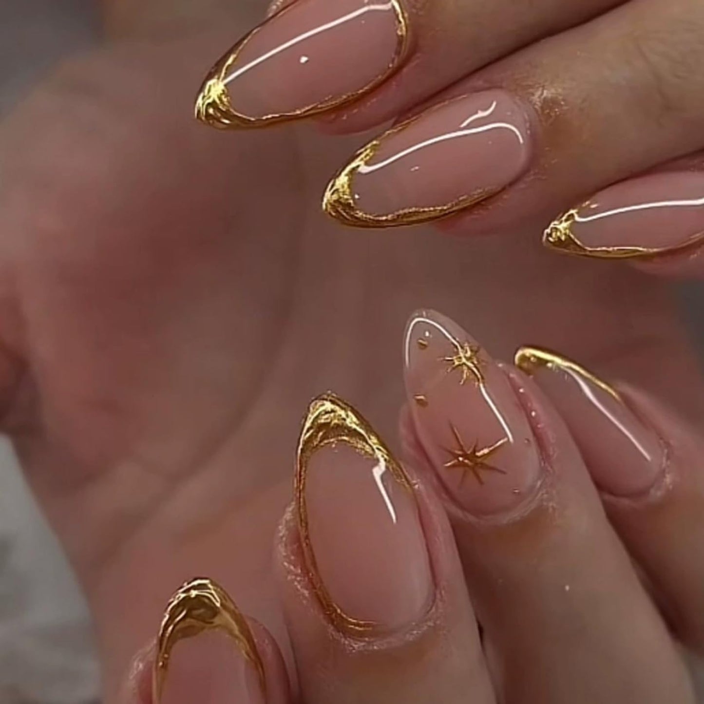 IMRAIN Press on Nails Medium Almond Fake Nails with Gold Line Star Design Gel Acrylic False Nails Full Cover Stick on Nails for Women 24Pcs