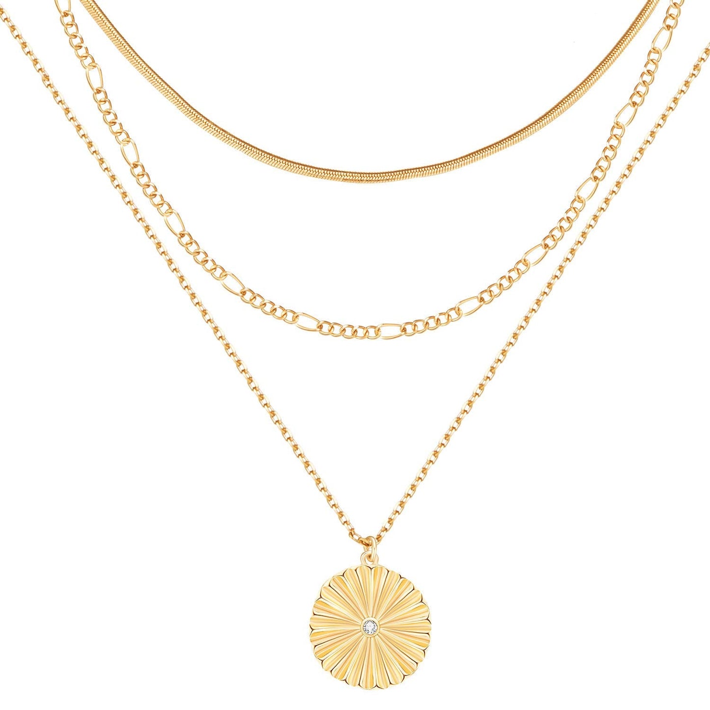 LANE WOODS Layered Necklaces for Women: 14K Gold Plated Long Necklace with Sunburst Pendant