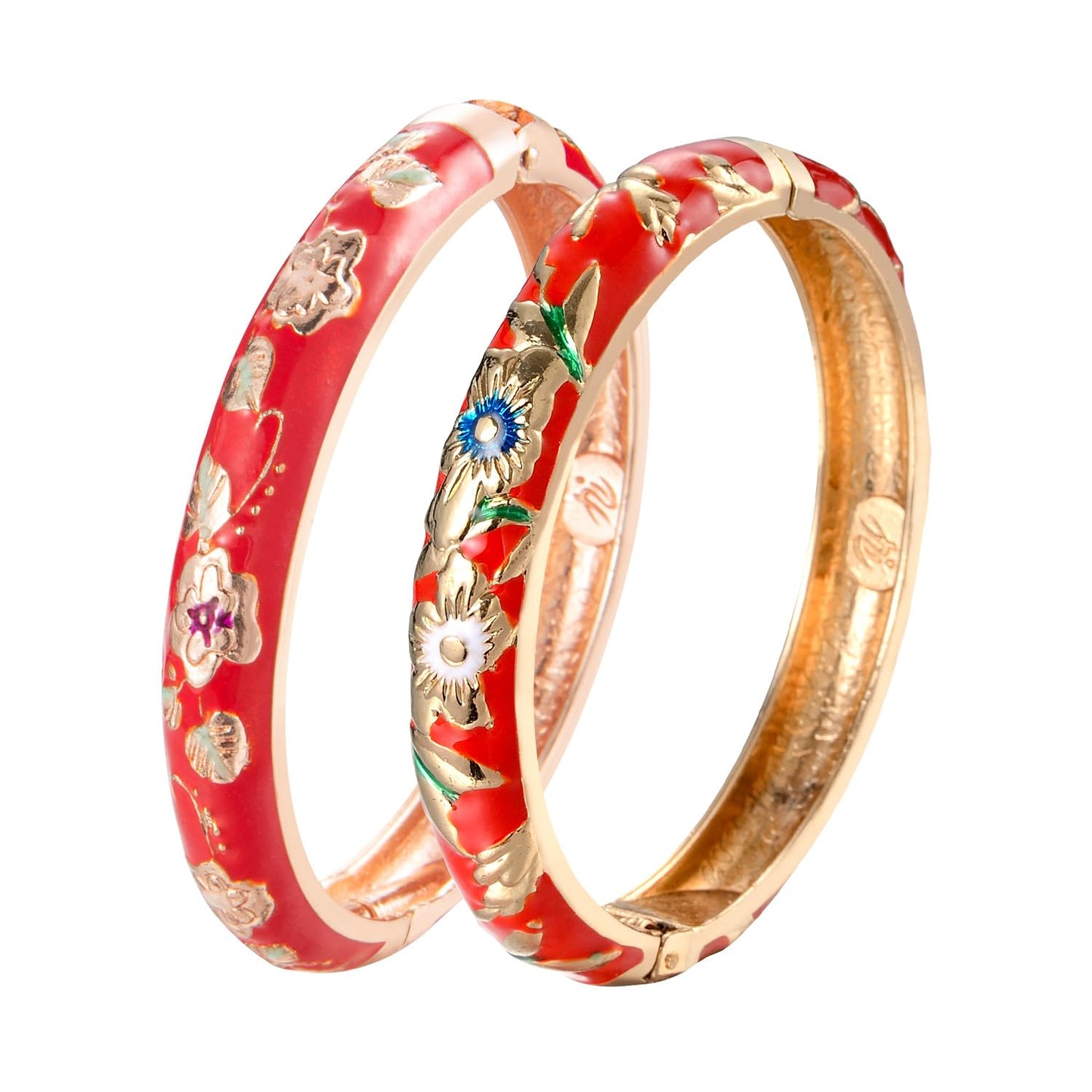 UJOY Vintage Bracelet Enameled Jewelry Spring Hinge Metal Gold Plated Cuff Cloisonne Bangles Set Gift Box Packed 55A87-55A103 Red