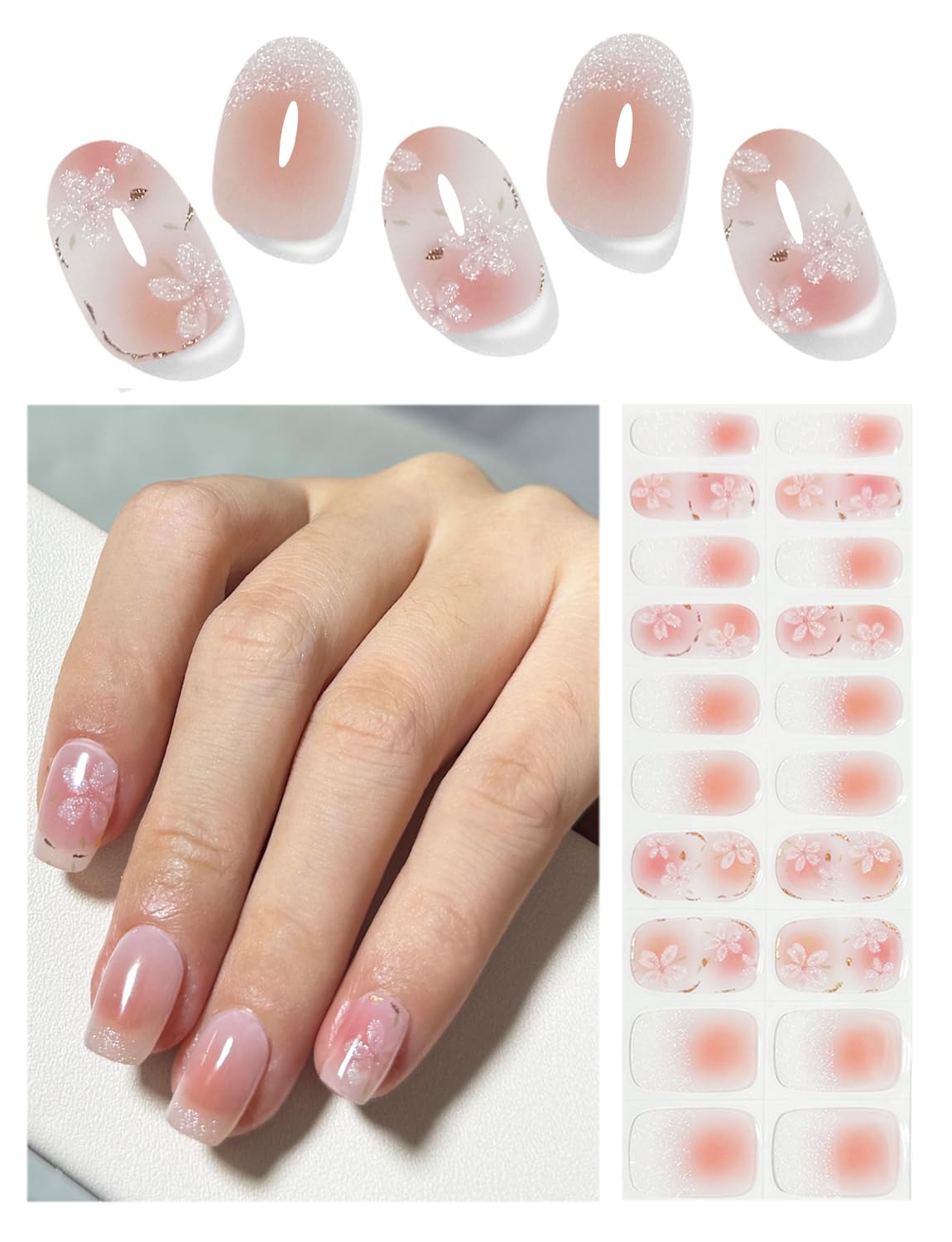 Sakura Semi Cured Gel Nail Strips: 20pcs Stickers, Wraps for Home DIY UV