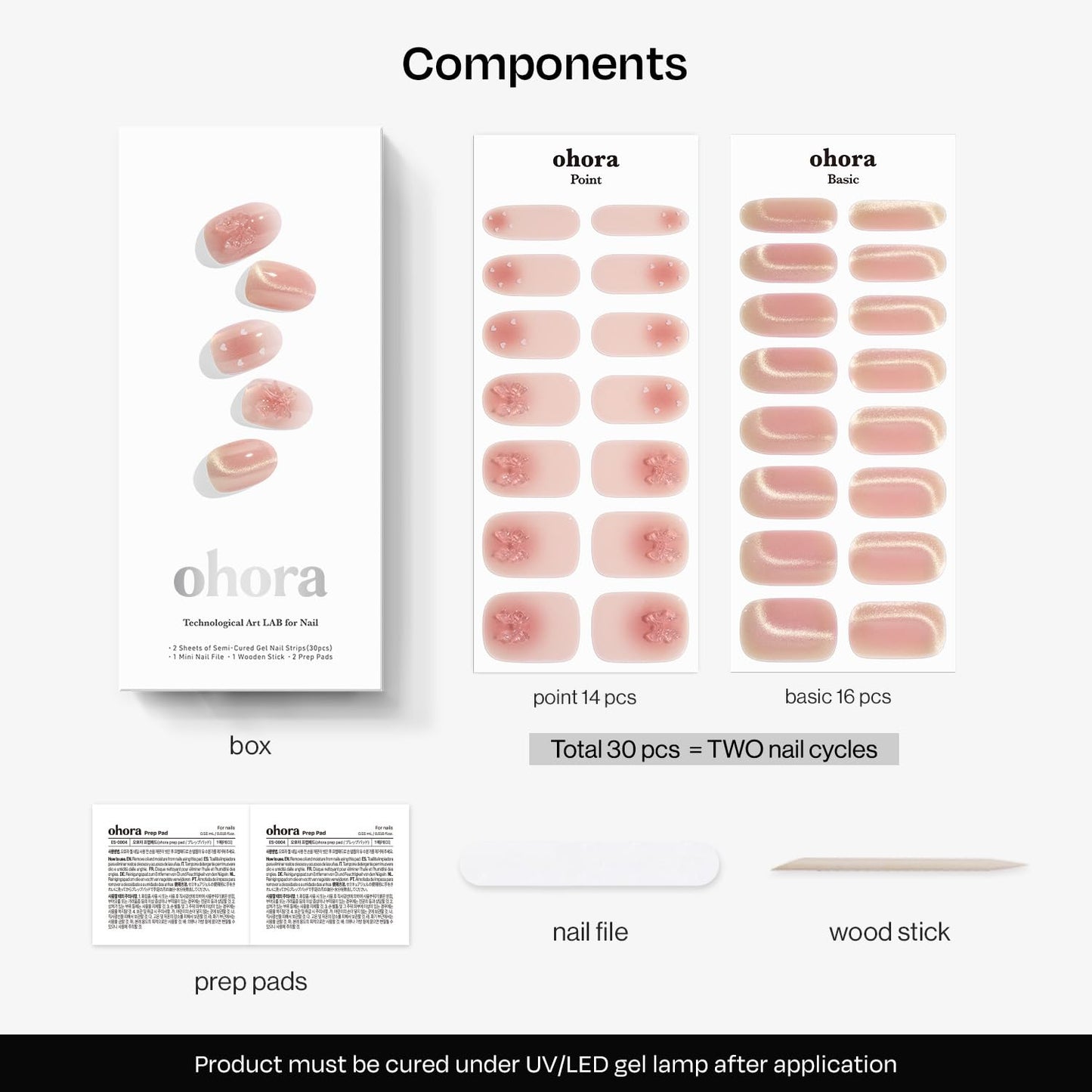 ohora Semi Cured Gel Nail Strips (N Sweet Bow) - Marble, Magnet, Pink, Gold, Works with Any Lamps, Salon-Quality, Long Lasting, Easy to Apply & Remove - Includes 2 Prep Pads, Nail File & Wooden Stick