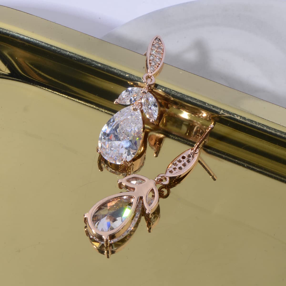 Women's Cubic Zirconia Bridal Earring Elegant 14k Rose Gold Plated Teardrop Cluster Floral Leaf CZ Crystal Rhinestone Wedding Earring for Bride Bridesmaids Party Prom