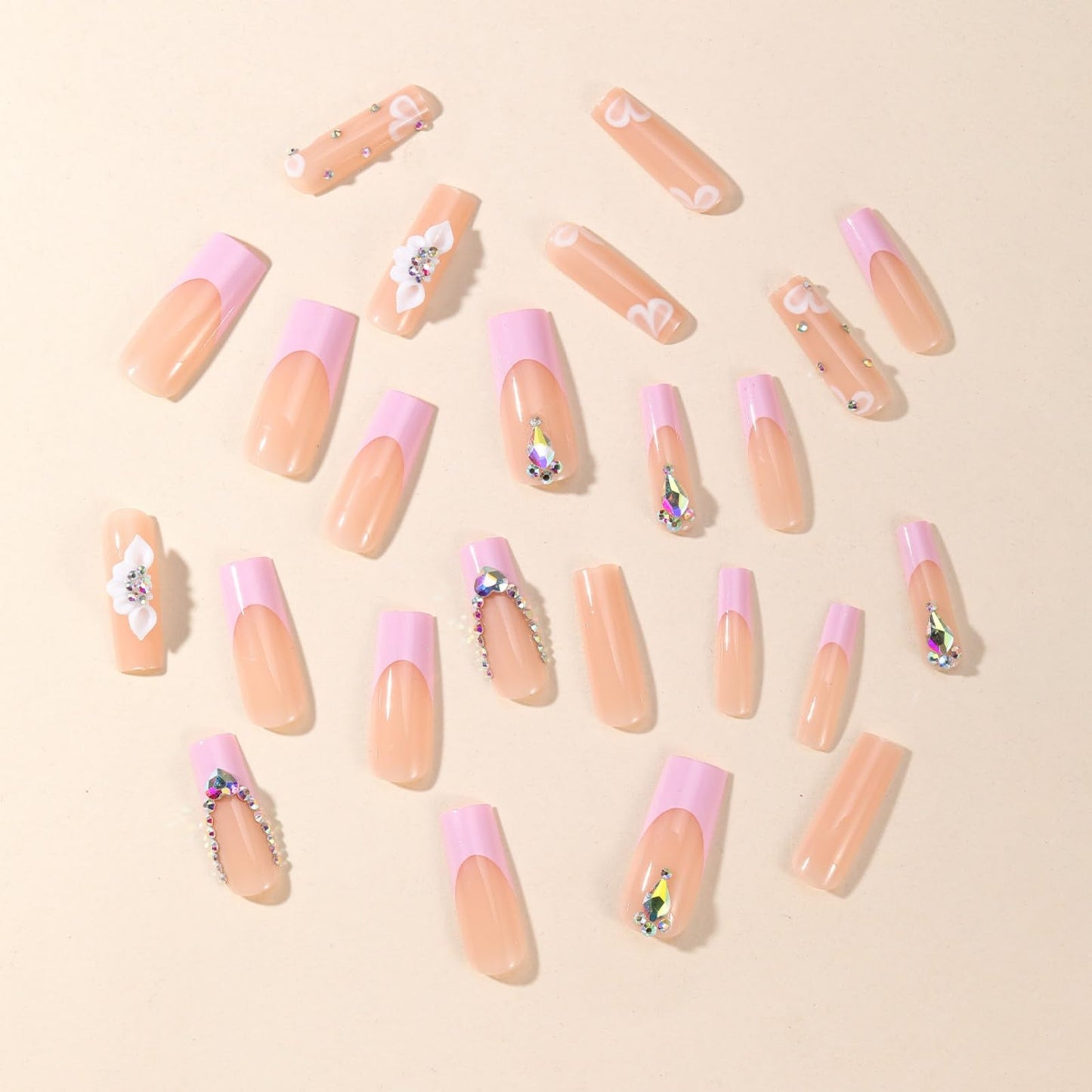 French Tip Press on Nails Long Square Fake Nails Press ons False Nails Acrylic Nails Press on Artificial Nails with Flowers Designs For Women 24pcs