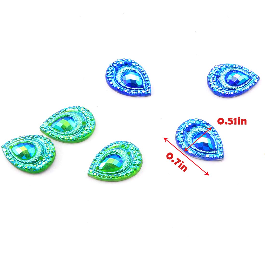 DZS Elec 50pcs Birdseye Water Drop Blue and Green Double Color Edge Flat Bottom Resin Peacock Feather Rhinestones Beads for Sewing DIY Crafts Accessories