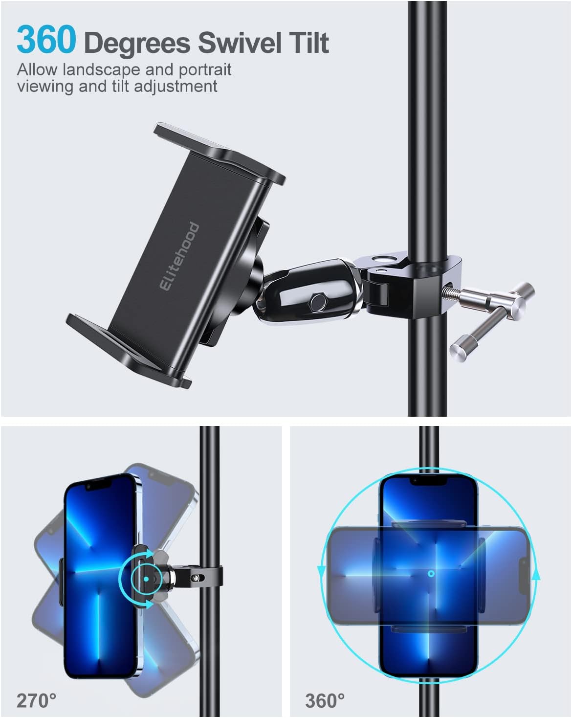 elitehood 360 Swivel Tilt Phone Holder and Mount, Adjustable for Music Boom Mic and All iPhone, Android Cell Phone