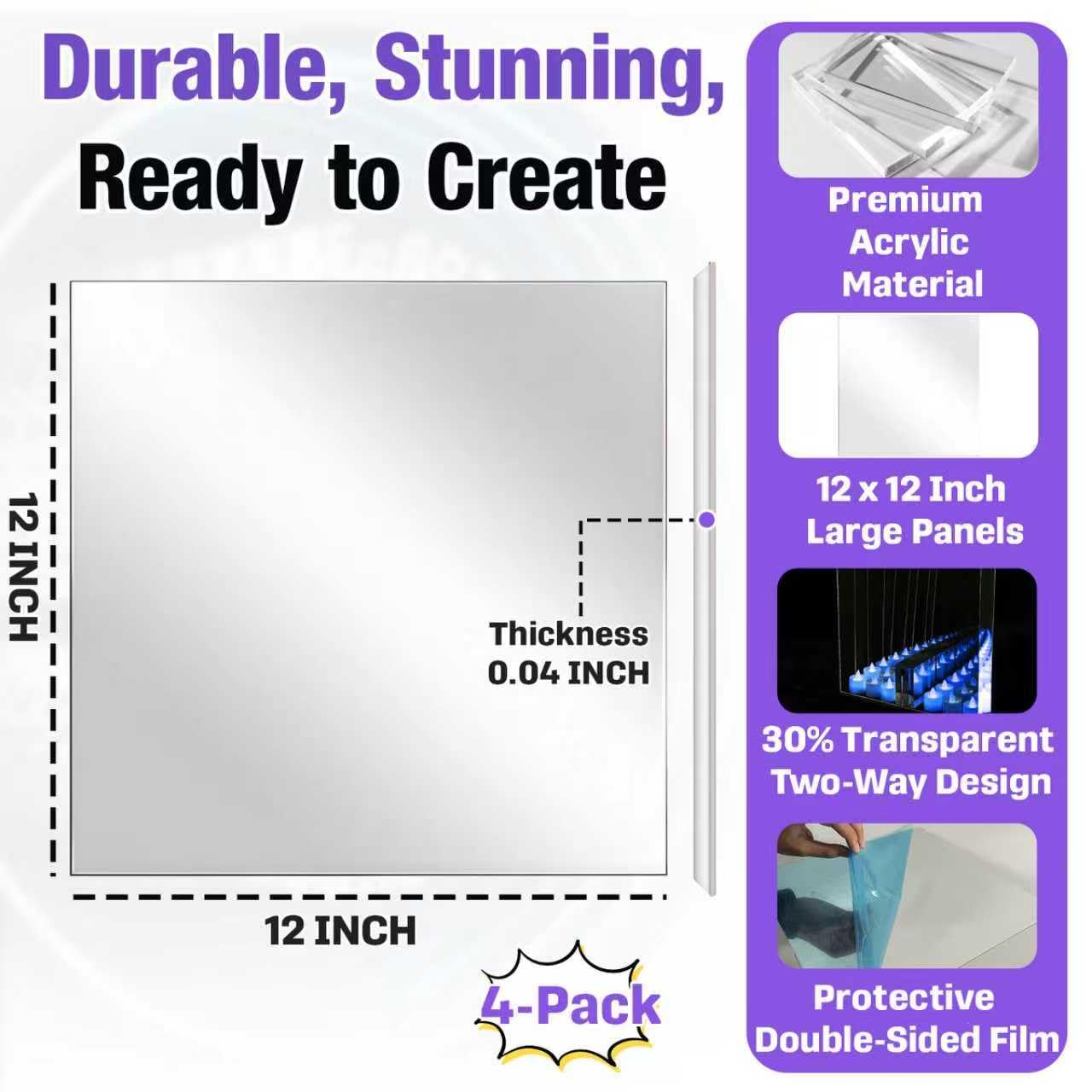 4 Pcs 12 x 12 Inch Acrylic Two Way Mirror Sheets, 30% Transparent See Through Panels for Infinity Mirror Effect, DIY Art and Creative Light Projects