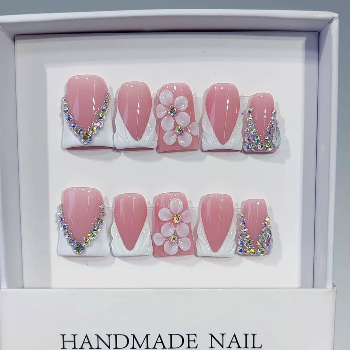 10pcs Handmade Press on Nails Whhite French Tip Fake Nails Duck Medium False Nails with 3D Flower Rhinestones Designs Summer Pink luxury Charm Acrylic Nails for Women (Size M）