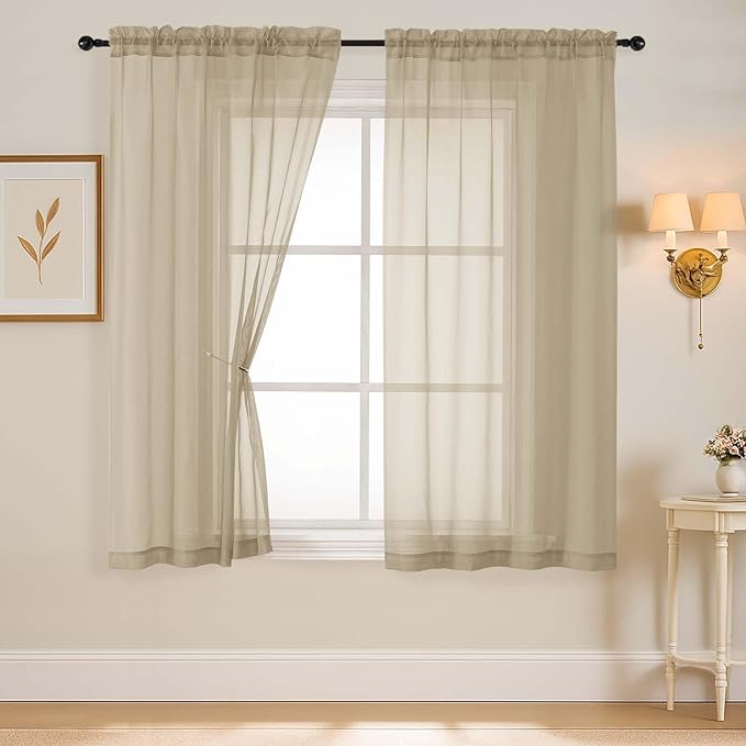 Taupe Sheer Curtains 63 Inch Length 2 Panels, Voile Sheer Curtain for Living Room, Breathable Light Filtering Modern Window Treatments, Soft Fabric Dual Rod Pocket Drapes, 2x42Wx63L Inches