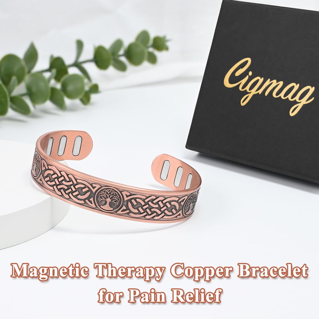 Cigmag Copper Magnetic Bracelet for Men, with Powerful 9X 5000 Gauss Magnets, Adjustable Solid Pure Copper (Lotus Life Tree)