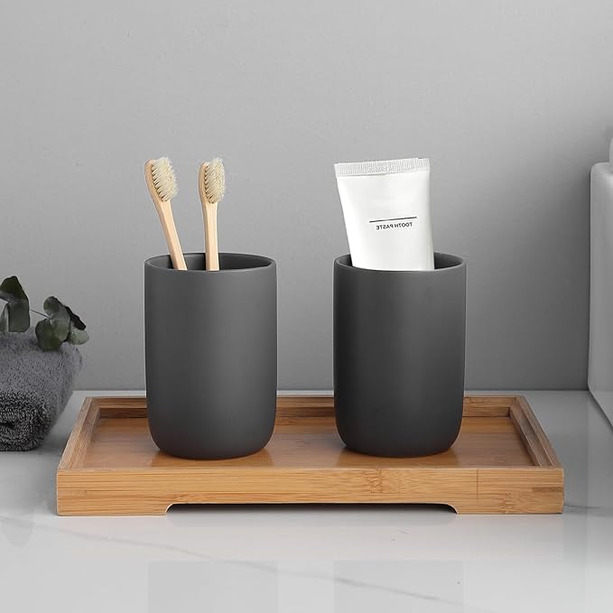 Matte Grey Toothbrush Holders for Bathrooms - Ceramic Toothbrush Toothpaste Holders Set, Grey Bathroom Tumbler Cups Reusable Toothbrush Cup, Counter Organizer