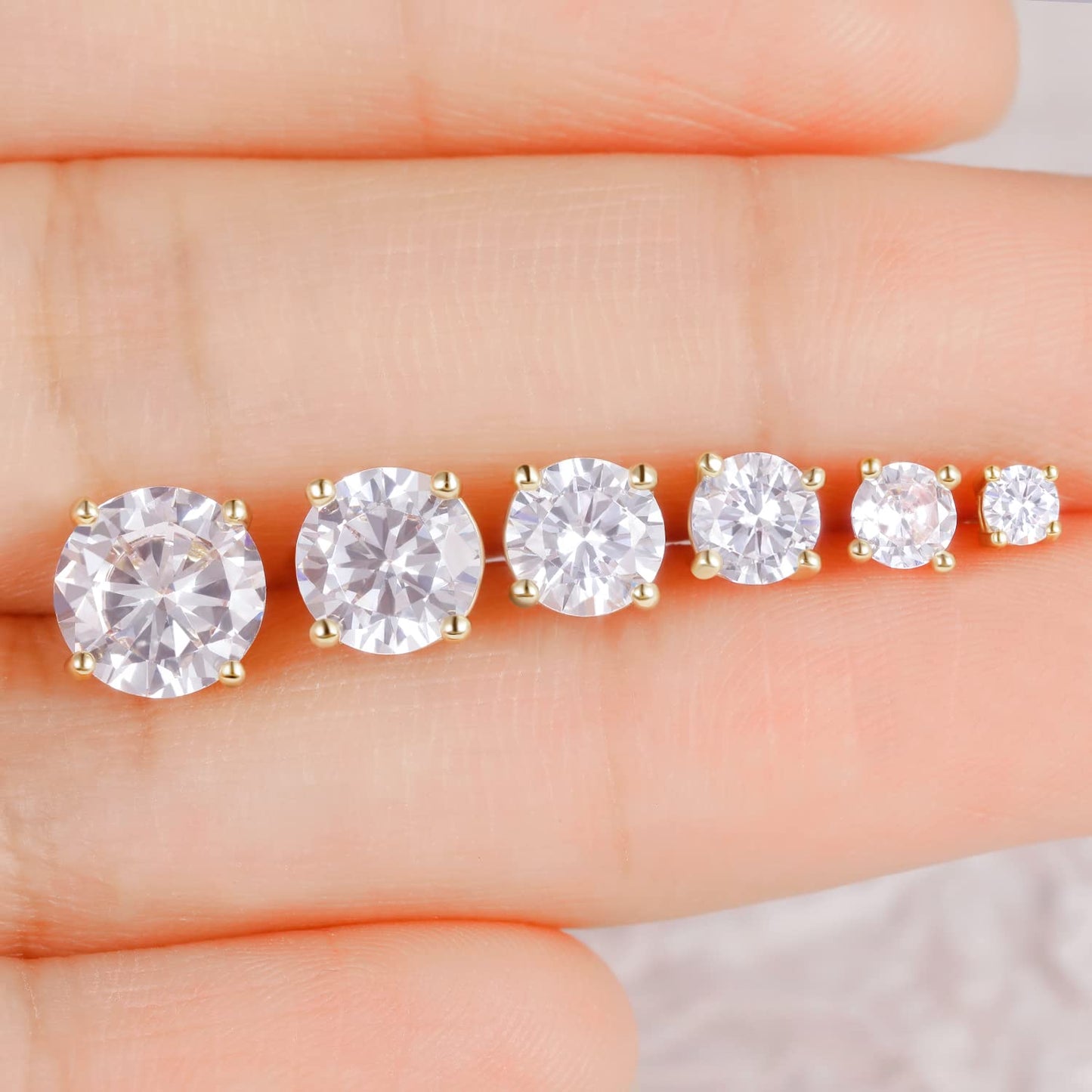 Gemsme 6 Pairs Cubic Zirconia Stud Earrings for Women/Men - Round Cut 4 Prong Settings 18K Gold Plated Hypoallergenic 3-8mm Clear Earrings Set - Gold