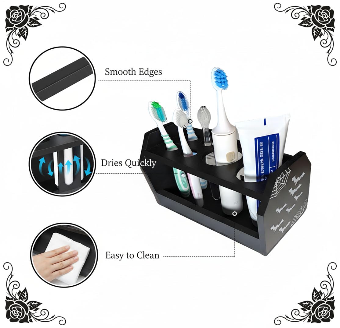 Halloween Gothic Bathroom Decor - Spooky Goth Coffin Toothbrush Holder Sides Wide Open Quick Dry, Roomy Space, Horror Bats Skull Design - 5.5" L x 4" W x 6" H