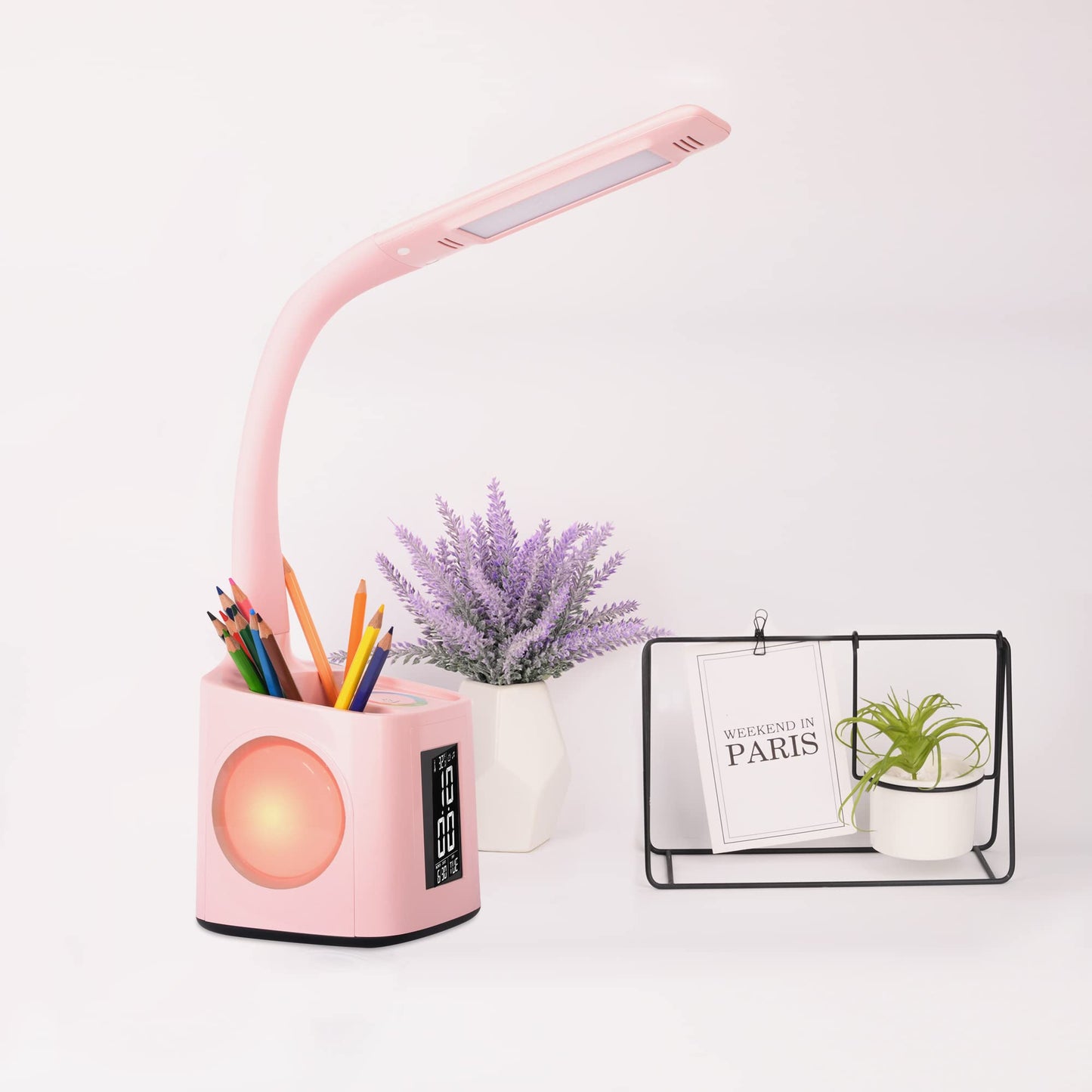wanjiaone LED Desk Lamp with Clock,Color Changing Nightlight,Study Lamp with Pen Holder,Desk Light with USB Charger,Table Light for Home,Office,Bedroom,Gift for Kids,Students,Women,Pink