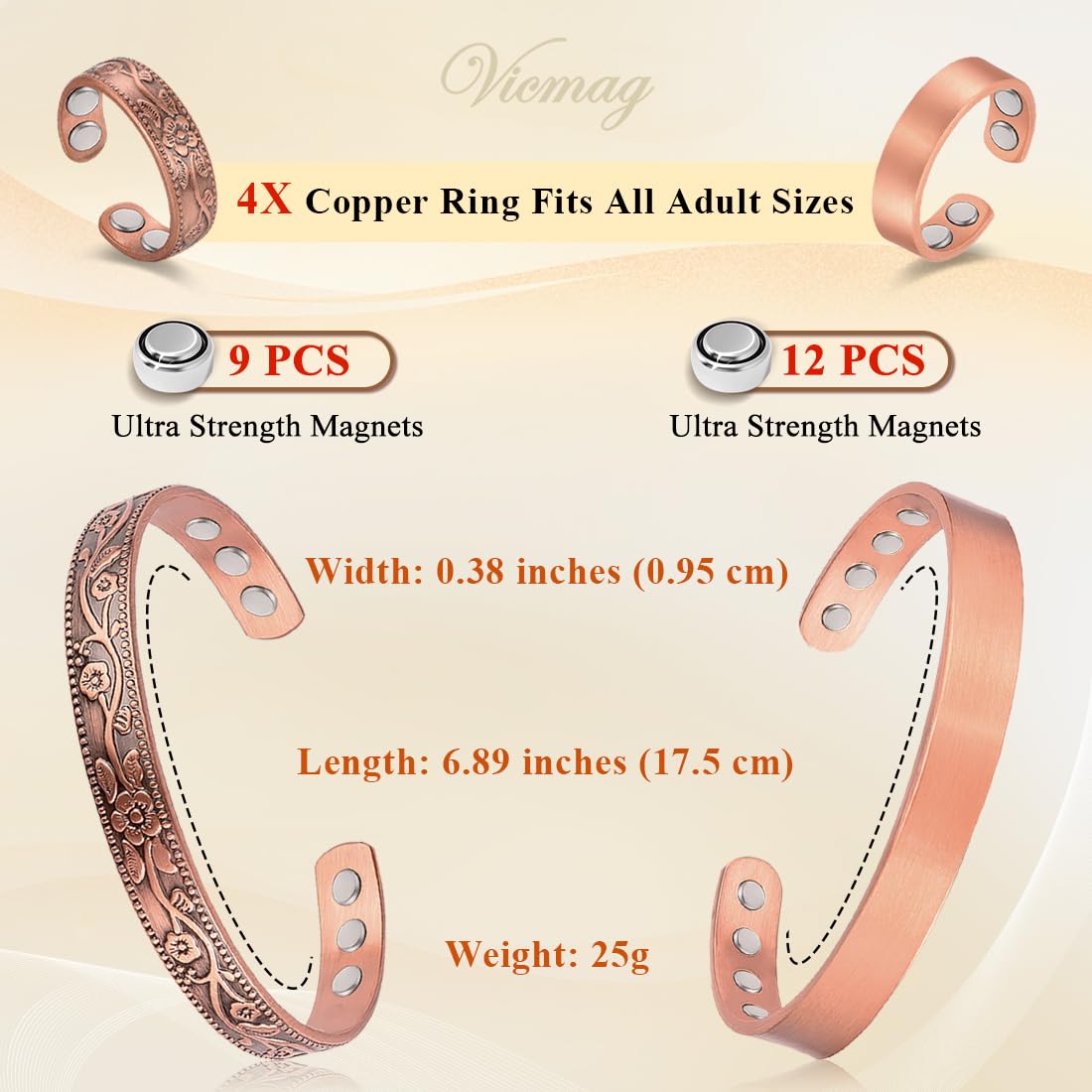 Vicmag 4PCS Copper Magnetic Bracelet Ring for Women Men Magnet 100% Solid Pure Copper Brazalete Gift