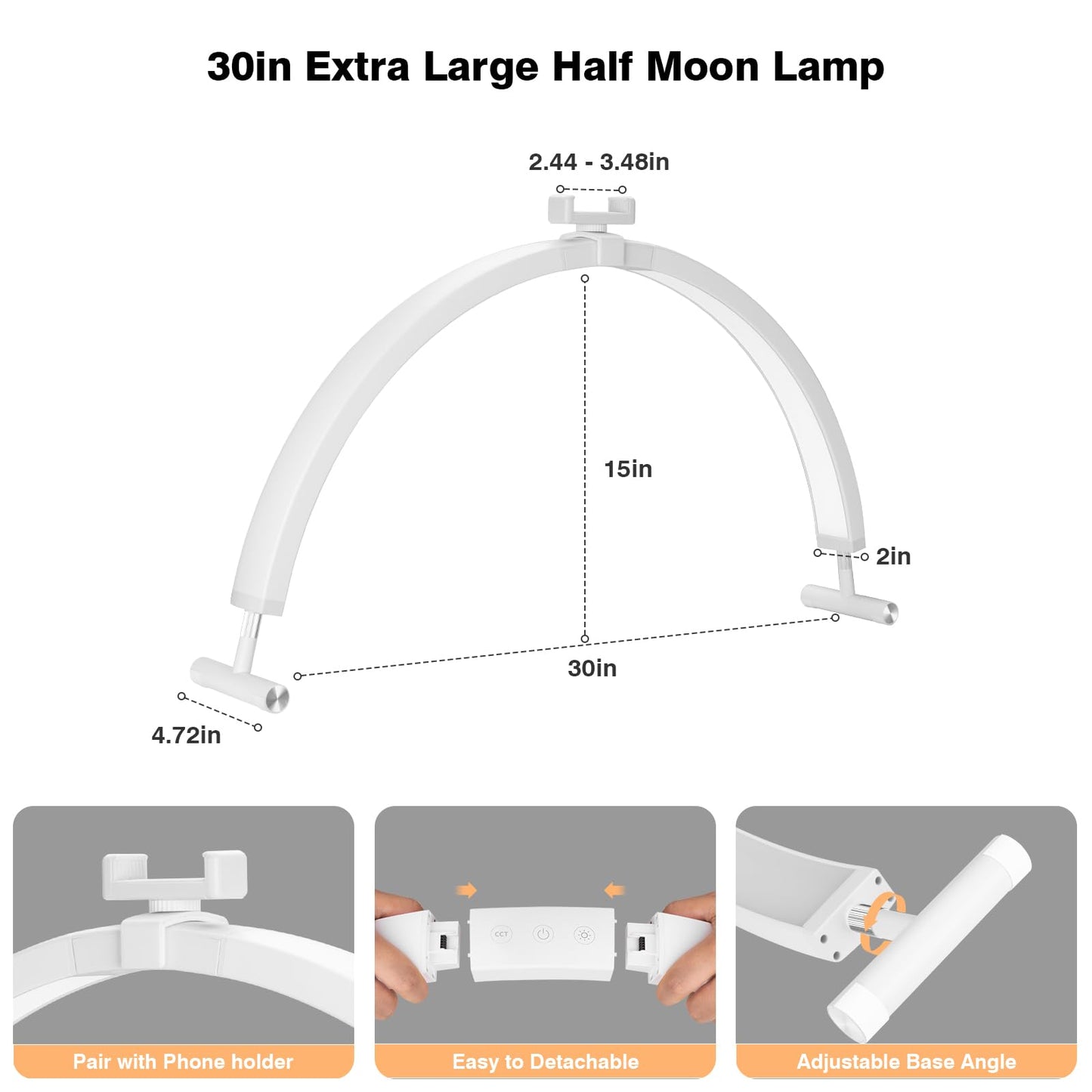 Mznoo Half Moon Light for Nail Desk, 30'' Large Half Moon Desk Lamp with Phone Holder, Professional Nail Tech Light with 3 Color Modes and 5 Brightness for Manicure Salon and Handicraft (White)