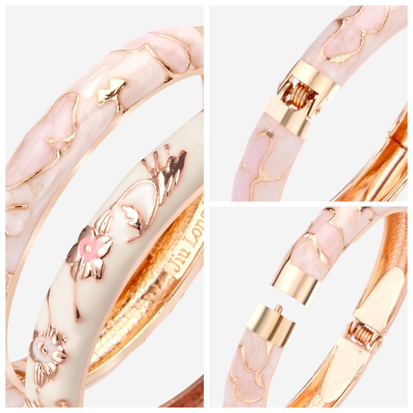UJOY Elegant Bracelet Enameled Jewelry Spring Hinge Metal Cuff Cloisonne Rose Gold Bangles Set Gift Box Packed 55A45-55A81 Pink White