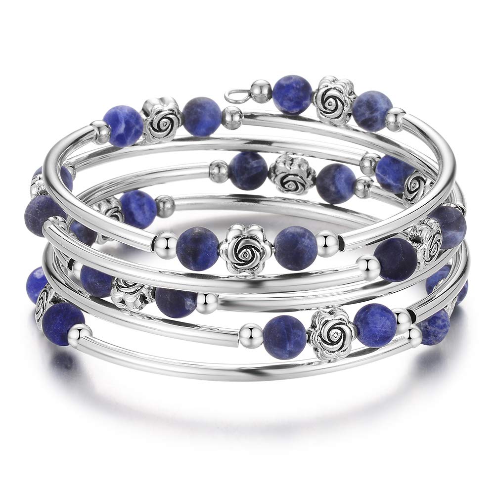 BULINLIN Wrap Bangle Rose Bead Bracelet - Beaded Bracelet with Natural Agate Stone Gifts For Women(01-Navy blue)