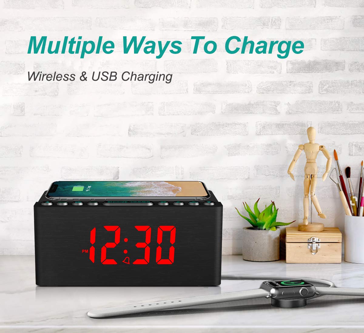 ANJANK Wooden Digital Alarm Clock FM Radio,Qi Certified Fast Wireless Charger Station for iPhone/Samsung,Dimmable LED Display,USB Charging Port,Sleep Timer,Wood Modern Clock for Bedroom Bedside(Black)