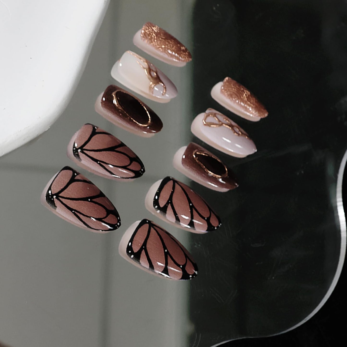 VOTACOS 24PCS Brown Acrylic Press on Nails Almond Medium Gold Glitter Fake Nails Press Ons with Designs Butterfly Pattern Glue on Nail for Women 3D Line Design Reusable Artificial Stick on False Nail