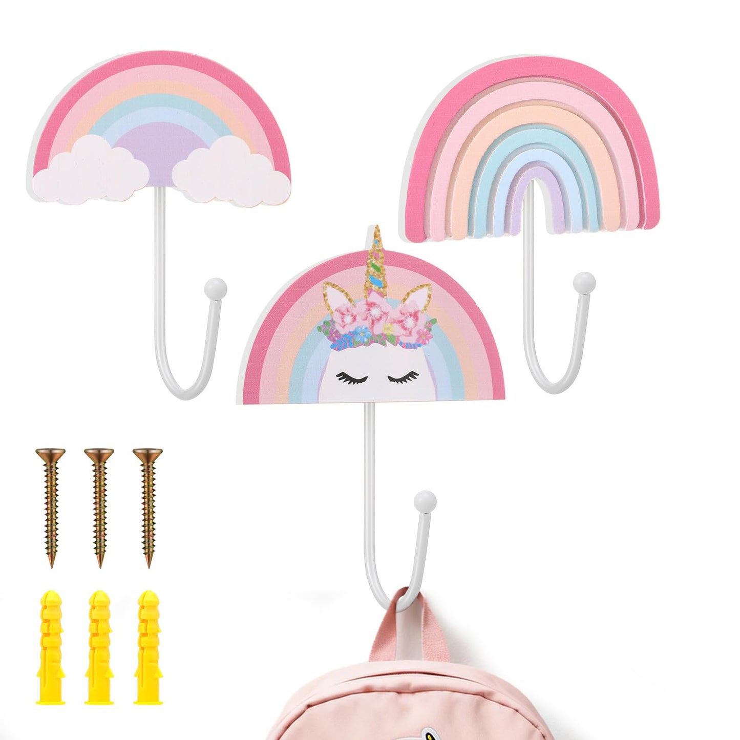 AceOrbit 3 Pcs Rainbow Wall Hooks Unicorn Wall Hangers Pink Nursery Coat Rack Rainbow Art Holder for Kids Bedroom Home Decoration