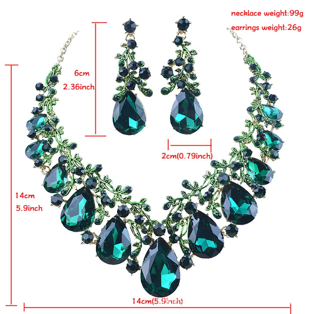 Qlavoca Vintage Crystal Teardrop Necklace Earrings Set - Gothic Statement Jewelry for Wedding Bridal Prom Party (Green-Gold Tone)