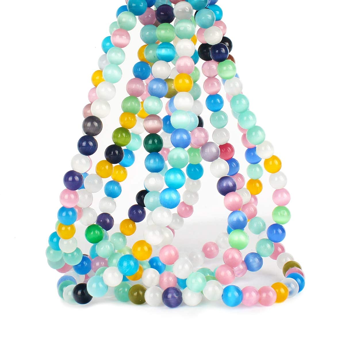 70PCS Natural 8MM Healing Gemstone, Synthetic Cat’s Eye Energy Stone Round Loose Beads, Semi-Precious Crystal Beads with Free Elastic String for Jewelry Making DIY