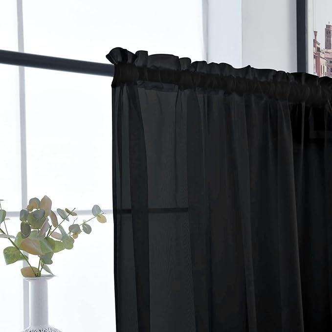 SpaceDresser Basic Rod Pocket Sheer Voile Window Curtain Panels Black 1 Pair 2 Panels 26 Width 24 Inch Long for Kitchen Bedroom Children Living Room Yard（Black，26Wx 24L）