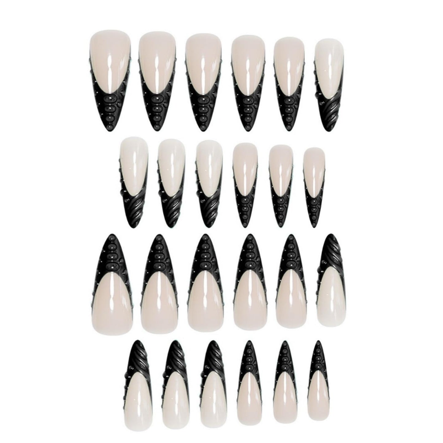 Long Press on Nails Stiletto Fake Nails Black French Artificial Nail with 3D Water Droplets Designs Extra Long Glossy Cute Stick on Nail for Women 24pcs