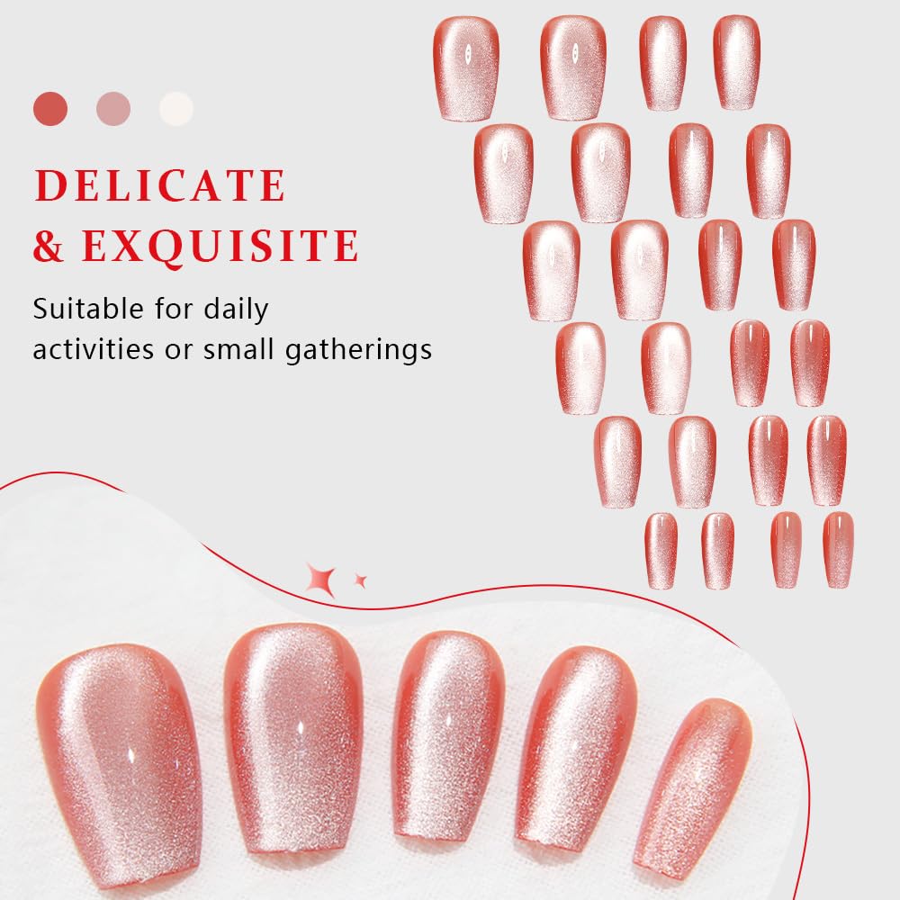 evpct Pink Cat Eye Coffin Press on Nails Medium Square No Glue, Medium Square Stick on Nails for Women Gift, Warm Pink Metallic Glitter Glossy Reusable Full Cover Soft Press on Fake Nail with Design
