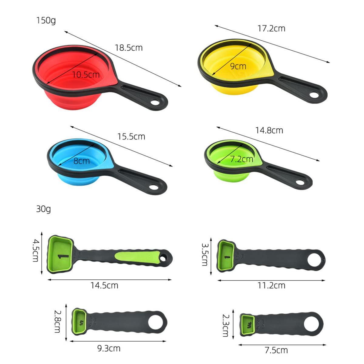 CdyBox New Version 11Pack Silicone Kitchen Strainer Collapsible Colander with Foldable Silicone Measuring Spoon Measuring Cup Kitchen Good Tools (Blue) 9.6 * 1.1