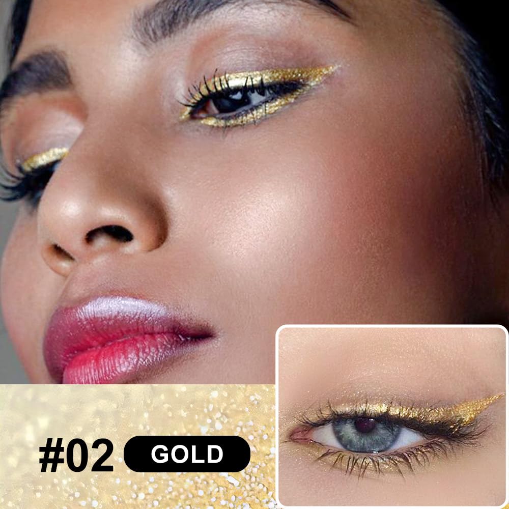 HHLOH 2PCS Metallic Glitter Liquid Eyeliner Pens Set – Waterproof Mark Bronze Brown or Gold Long-Lasting Sparkly Eye Makeup – Tattoo-Effect Ink Liners for Women & Men, Delineador Líquido con Brillo 05