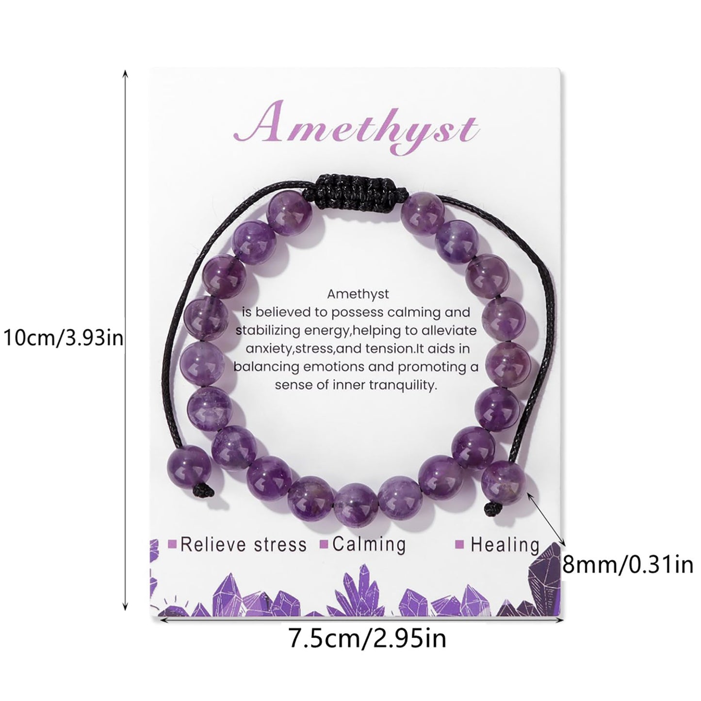 Lit Wall Amethyst Bracelet 8mm Handmade Adjustable Purple Beaded Healing Crystal Bracelet for Women