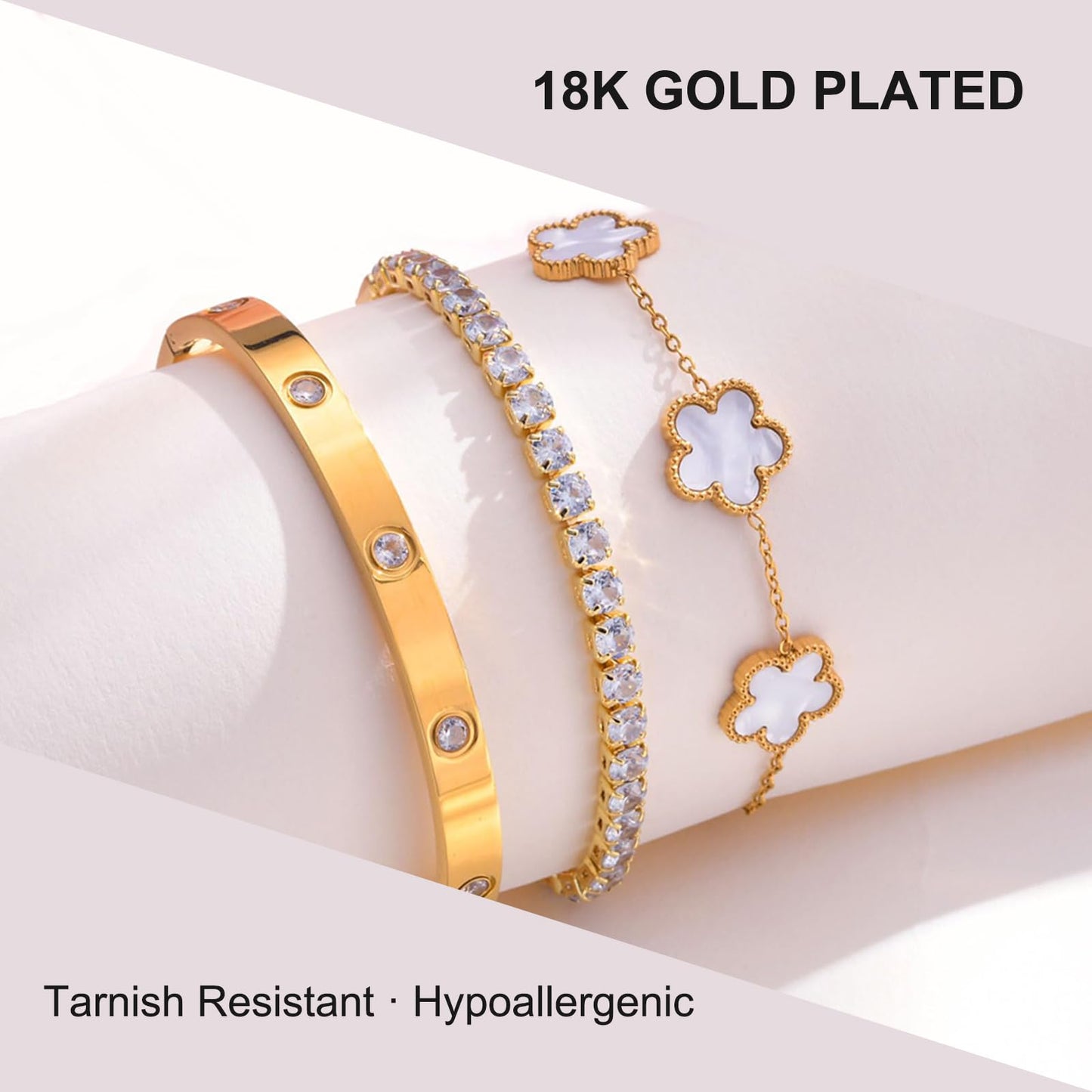 YOUNGGRACE 18K Gold Plated Bracelet Sets for Women - 3PCS Stackable Bracelets Including Bangle, Tennis Chain & Four Leaf Clover Bracelet, Elegant Gold Jewelry Set for Everyday Wear, Gift for Her