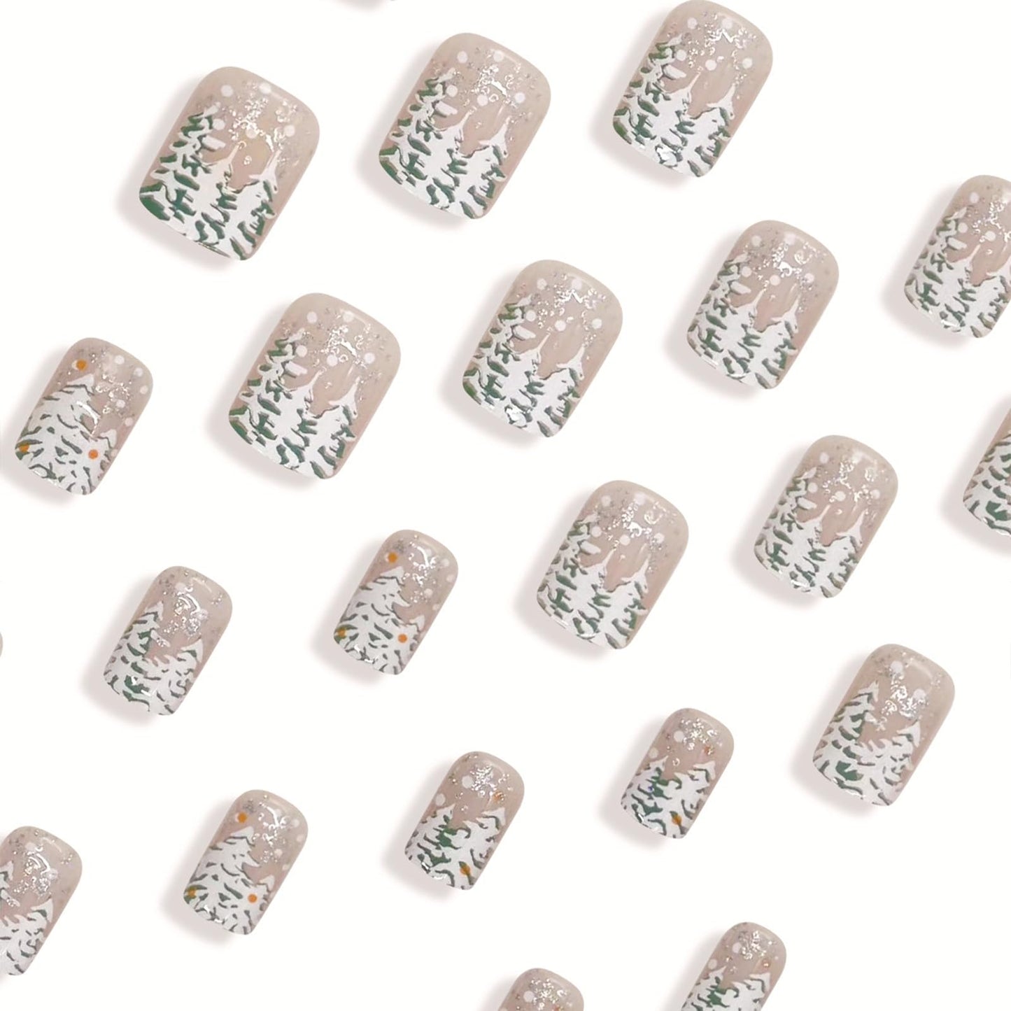 IMRAIN Christmas Press on Nails Short Square Fake Nails Glossy Glue on Nails Full Cover Artificial Christmas Tree Designs Nude Cute Gel False Nails for Women Girls 24Pcs