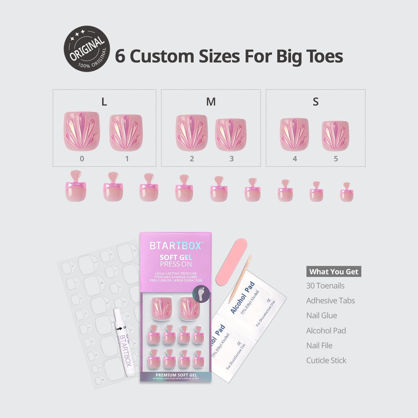 BTArtbox Press On Toenails Short - Shell Glow Pedi, Easy-to-Apply 3D Sculpting Pink French Tip Square Toe Nail Press Ons with Glue and Adhesive Tabs in 15 Sizes - 30 Toenails All-in-One Kit