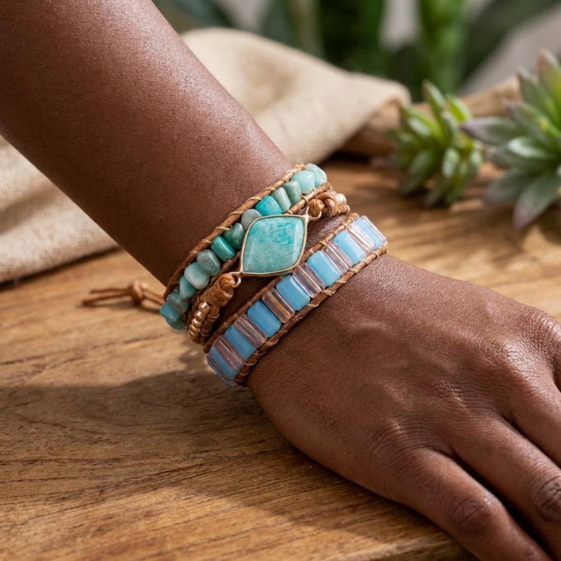 YGLINE Handmade Crystal Gemstone Leather Wrap Bracelet (amazonite)