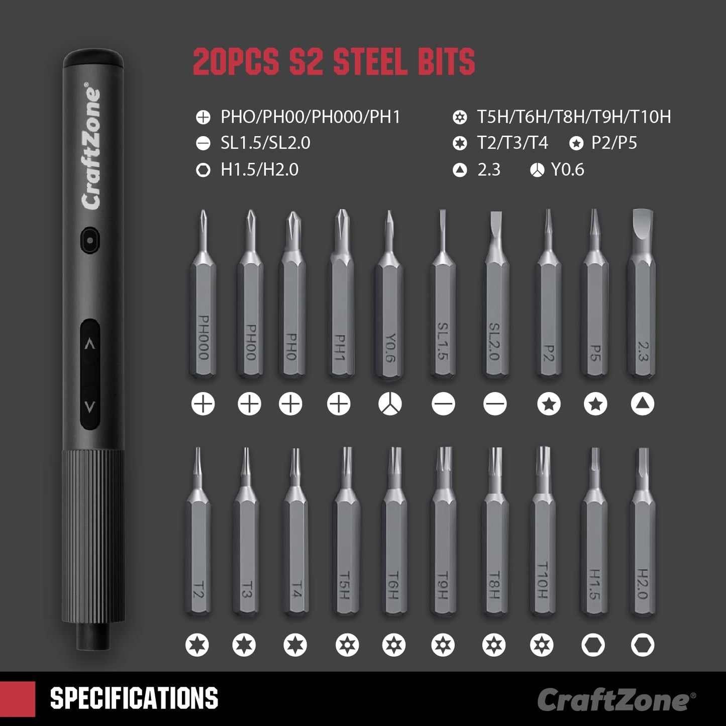 CRAFTZONE Ultra Mini Electric Screwdriver, Max 0.5N.m, Power Screwdriver with20 S2 Steel Bits, 5/32'' Hex with LED Light, Magnetic Storage, Repair Tool for Electronics, Camera, Laptop(Grey)