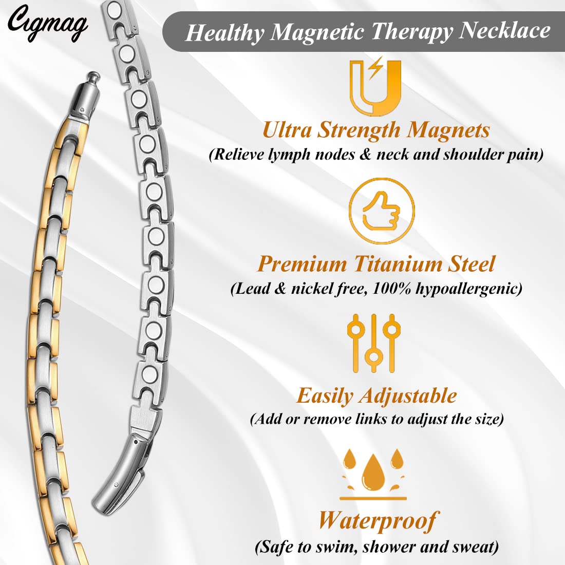 Cigmag Titanium Necklace for Men Women - Magnetic Necklace Ultra Strength Magnets - with Adjustable Sizing Tool and Present Box