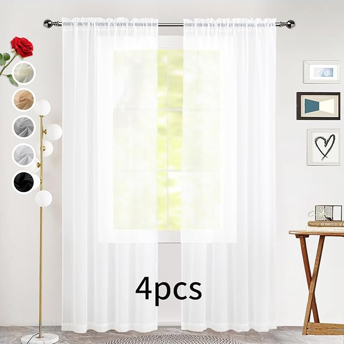 SpaceDresser Sheer White Curtains 4 Panels Rod Pocket Semi-Sheer Curtain 63 Inches Long Light Filtering Voile Window Drapes for Bedroom Living Room Kitchen, Each 52W x 63L