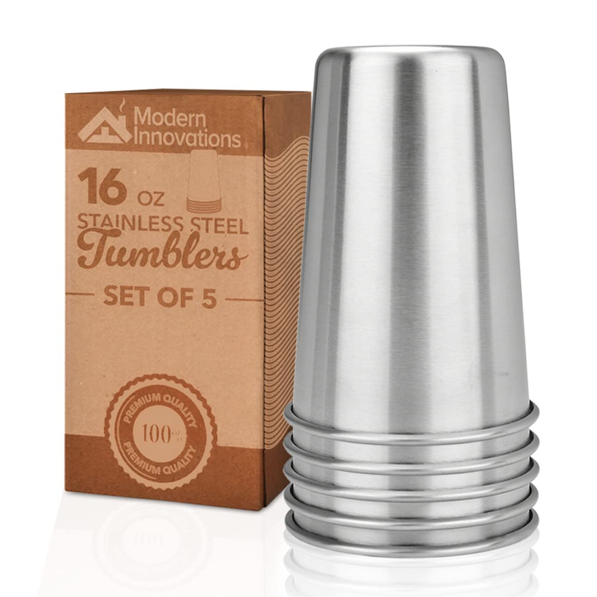 Modern Innovations 16 Ounce Stainless Steel Pint Cups - Stackable Pint Cup Tumblers For Travel – Metal Cups For Drinking Outdoors - 16 Oz Reusable Steel Cups - 5 Pack